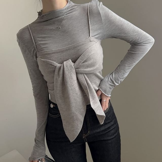 Set: Long-Sleeve Mock Neck Plain Top + Plain Bow Knit Camisole Top