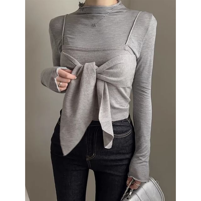 Set: Long-Sleeve Mock Neck Plain Top + Plain Bow Knit Camisole Top