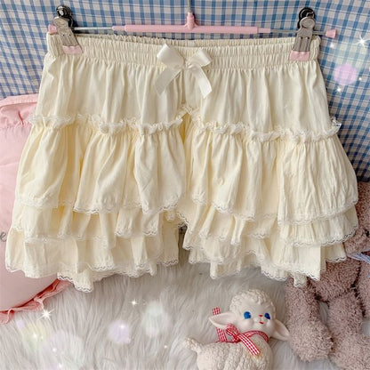 High Waist Plain Bow Accent Lace Trim Layered A-Line Skort