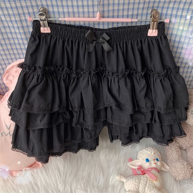 High Waist Plain Bow Accent Lace Trim Layered A-Line Skort