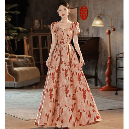 Puff Sleeve Square Neck Floral Jacquard Midi A-Line Cocktail Dress / Evening Gown