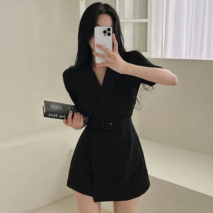 Short-Sleeve Belted Midi Blazer Dress