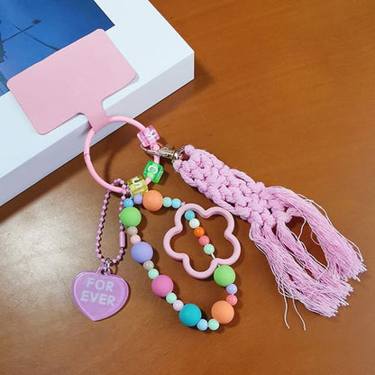 Floral Heart Tassel Phone Strap with Lanyard Pad