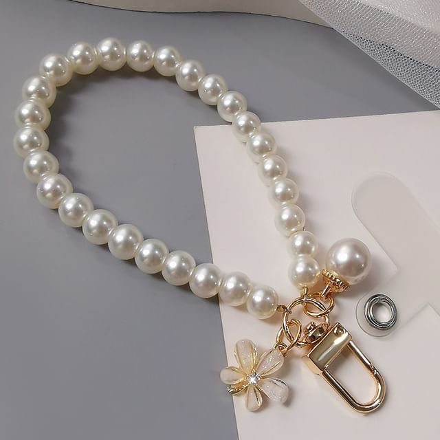 Faux Pearl Phone Strap with Lanyard Pad