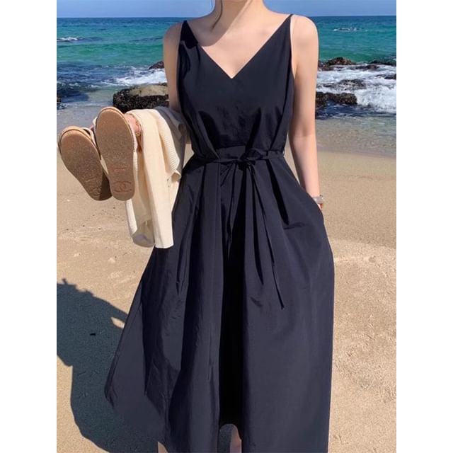 Spaghetti Strap V-Neck Plain Midi Sundress