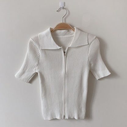 Short-Sleeve Collared Plain Zip Knit Top