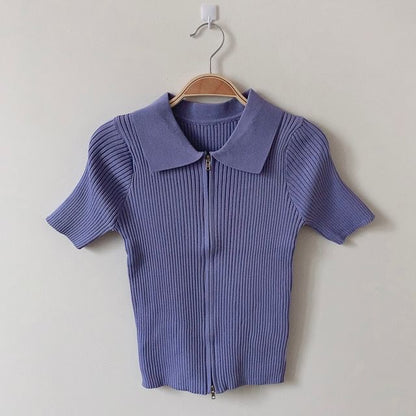 Short-Sleeve Collared Plain Zip Knit Top