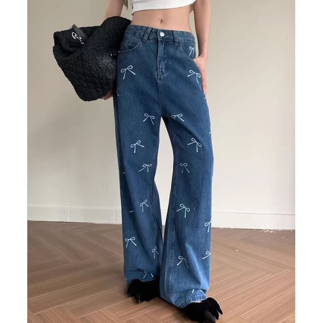 Low Waist Bow Print Wide Leg Jeans