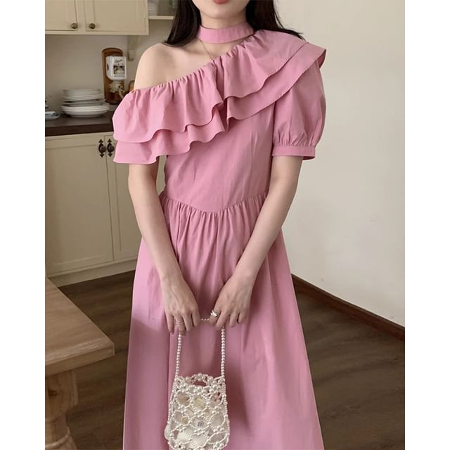 Puff-Sleeve One-Shoulder Plain Ruffle Maxi A-Line Dress