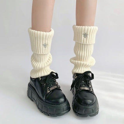 Bee Embroidered Ribbed Knit Leg Warmers