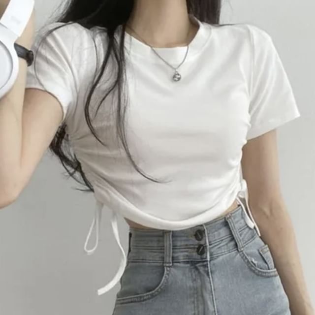 Short-Sleeve Round Neck Plain Drawstring Crop T-Shirt