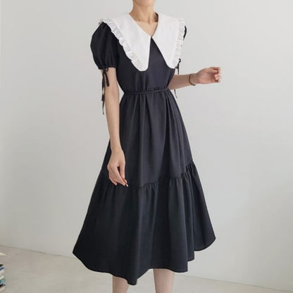 Short-Sleeve Contrast Collar Frill Trim Midi A-Line Dress