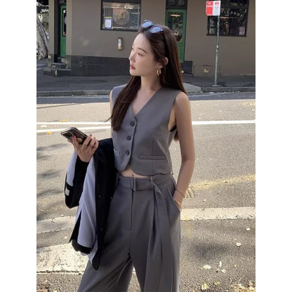 V-Neck Plain Crop Button Vest / Mid Waist Wide Leg Suit Pants