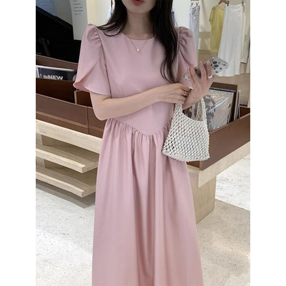 Short-Sleeve Round Neck Plain Midi A-Line Dress