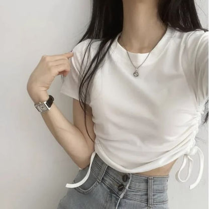 Short-Sleeve Round Neck Plain Drawstring Crop T-Shirt