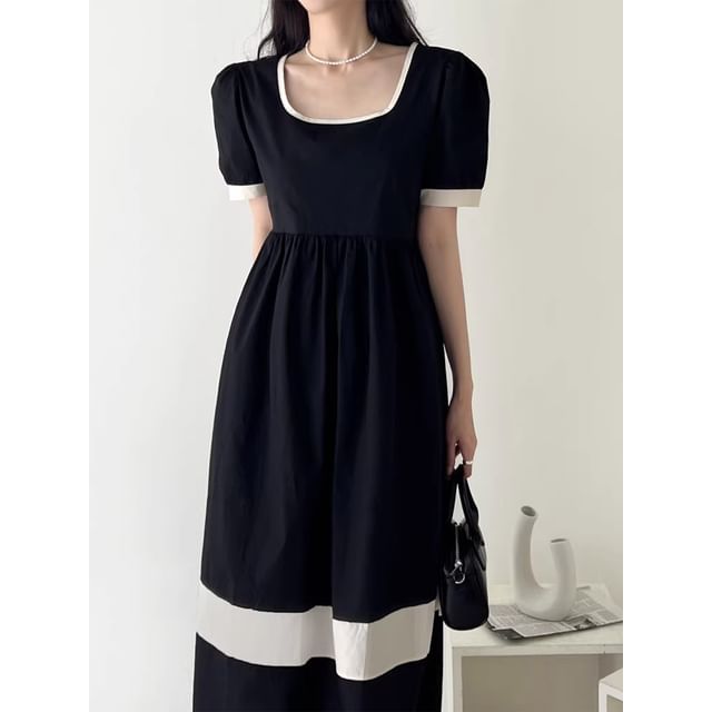 Short-Sleeve Square Neck Two Tone Midi A-Line Dress