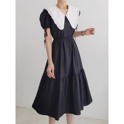 Short-Sleeve Contrast Collar Frill Trim Midi A-Line Dress