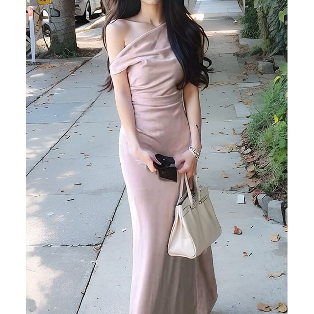 Asymmetrical One Shoulder Plain Sheath Maxi Dress