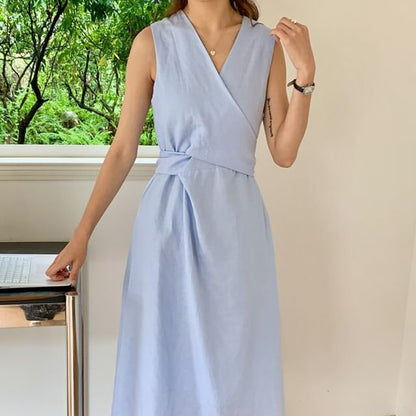 Sleeveless V-Neck Plain Asymmetrical  Midi A-Line Dress