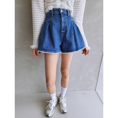 High Waist Lace Trim Washed Denim Shorts