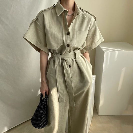 Short-Sleeve Collar Plain Button Wide Leg Jumpsuit