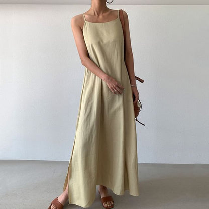 Spaghetti Strap Plain Slit Maxi A-Line Dress