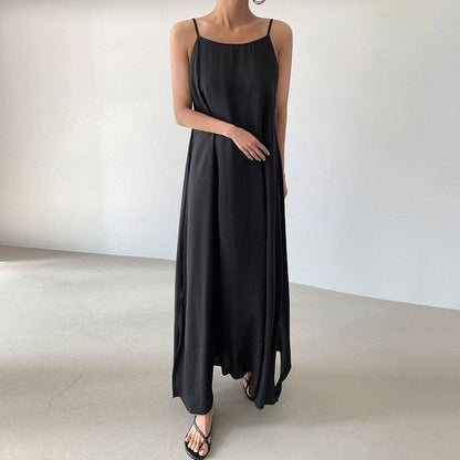 Spaghetti Strap Plain Slit Maxi A-Line Dress