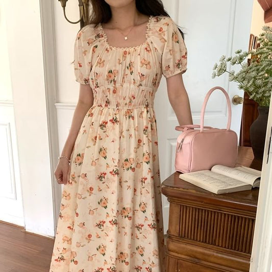 Short-Sleeve Square Neck Floral Maxi A-Line Dress