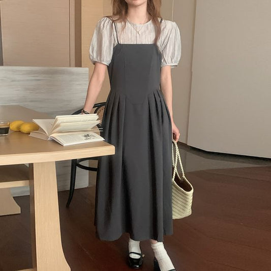 Short-Sleeve Plain Blouse / Spaghetti Strap Plain Midi A-Line Dress