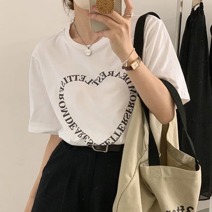 Short-Sleeve Crewneck Lettering Tee / High Rise Midi Pleated Skirt