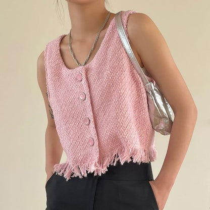 U-Neck Button-Up Plain Crop Vest