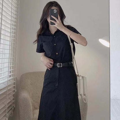 Short-Sleeve Plain Shirt / High Rise Maxi A-Line Skirt / Belt / Set