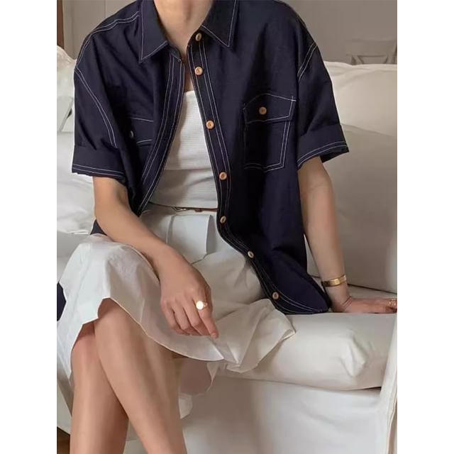 Short-Sleeve Contrast Stitching Pocketed Shirt