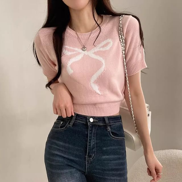 Short-Sleeve Crewneck Ribbon Jacquard Plain Knit Top