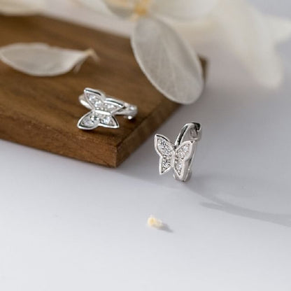 Butterfly Rhinestone Sterling Silver Huggie Earring