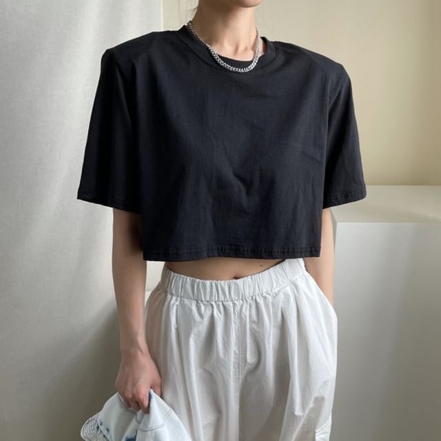 Short-Sleeve Crewneck Plain Crop T-Shirt