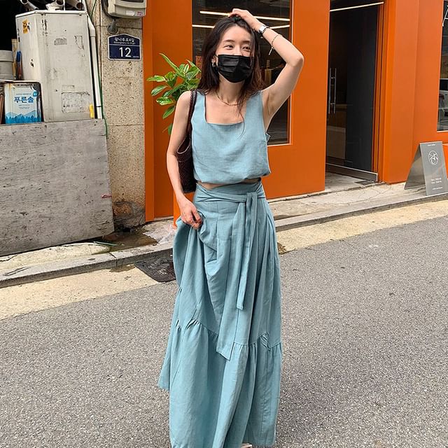 Sleeveless Square Neck Denim Top / High Rise Maxi A-Line Skirt