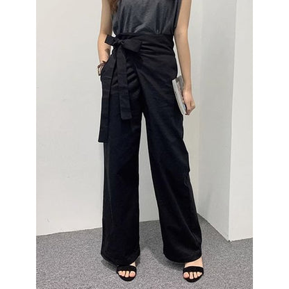 High Rise Plain Tie-Up Wide Leg Pants