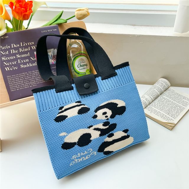 Checkered Knit Panda Tote Bag