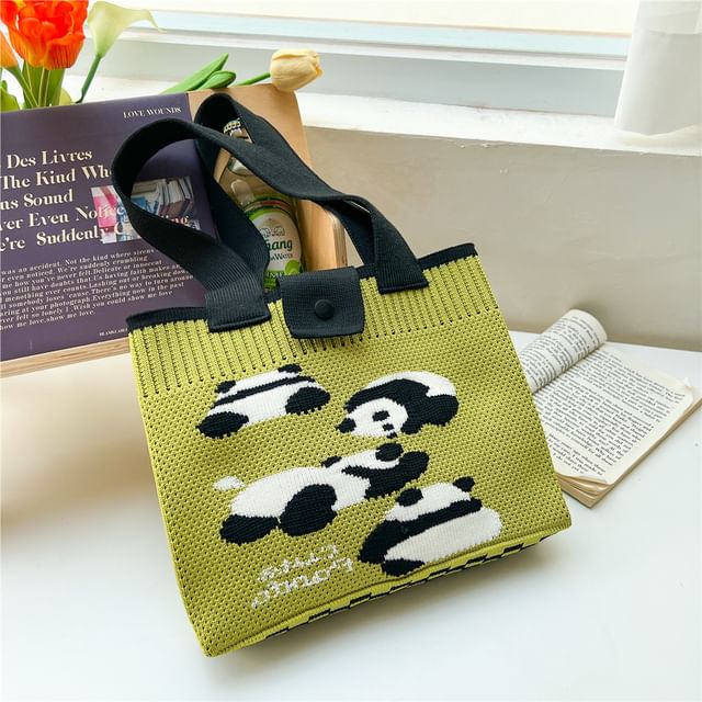 Checkered Knit Panda Tote Bag