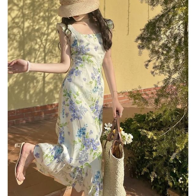 Ruffle Cap Sleeve Square Neck Floral Print Maxi Dress