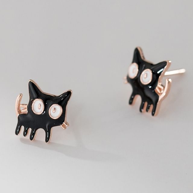 925 Sterling Silver Enamel Cat Stud Earring