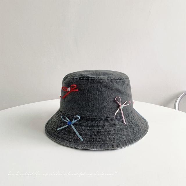 Bow Washed Denim Bucket Hat