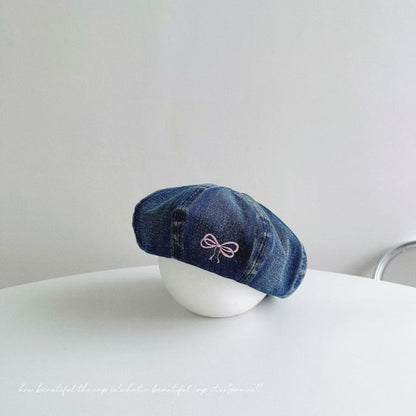 Bow Embroidered Washed Denim Beret