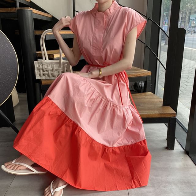 Short-Sleeve Band Collar Two Tone Tiered Midi A-Line Dress