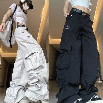 High Waist Plain Pocket Loose-Fit Wide-Leg Cargo Pants