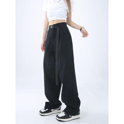 High Rise Buckle Accent Plain Straight-Fit Wide-Leg Cargo Pants