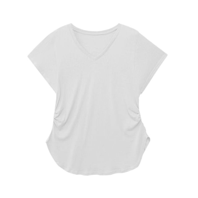 Short-Sleeve V-Neck Plain Ruched Tee