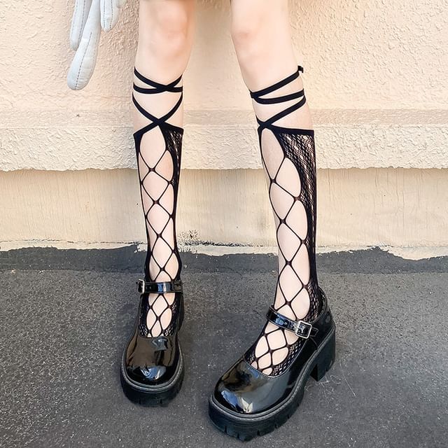 Lace-Up Knee-High Fishnet Socks