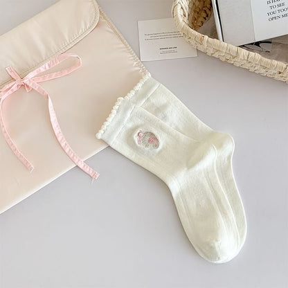 Flower Embroidered Scallop Trim Crew Socks